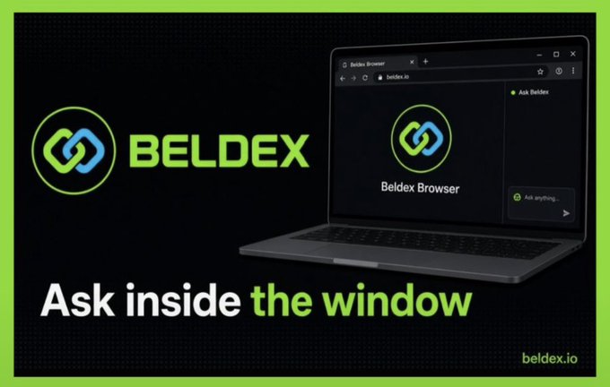 Beldex promotes its Beldex Browser with the tagline “Ask inside the window,” showing the Beldex logo, “Beldex Browser,” “Ask Beldex,” and beldex.io on a laptop. The image relates to the post by highlighting Beldex’s user-facing app/browser, while the accompanying text explains that its masternodes and Proof-of-Stake network keep the ecosystem running.