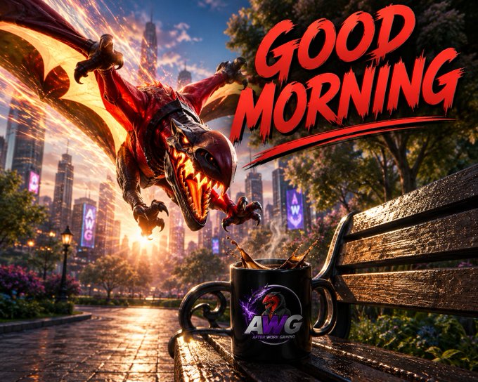 A "GOOD MORNING" greeting graphic from "AWG" (After Work Gaming) featuring a red dragon descending toward a steaming coffee mug on a park bench with a city skyline at sunrise in the background.