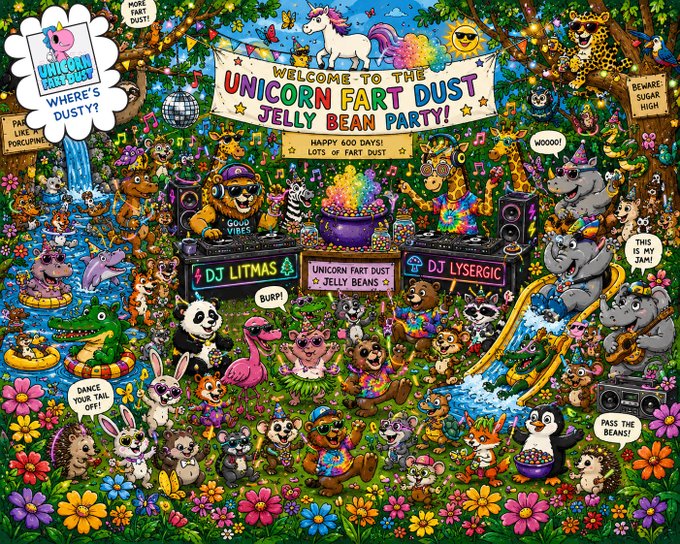 Colorful, busy illustrated scene titled 'UNICORN FART DUST JELLY BEAN PARTY!' filled with animals, unicorns, DJs labeled 'DJ LITMAS' and 'DJ LYSERGIC', and speech bubbles with humorous phrases.