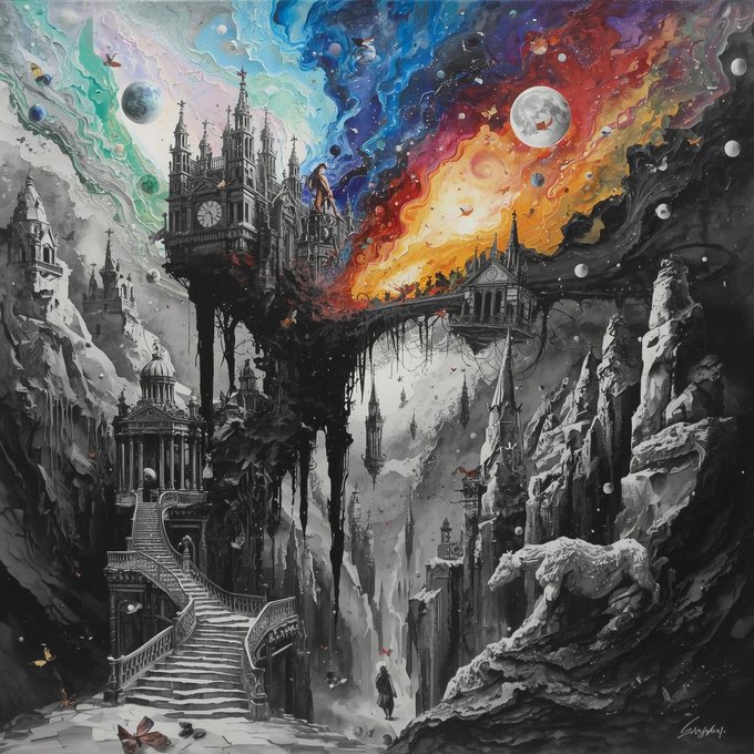 A surreal, colorful digital painting depicting a fantasy landscape with a gothic castle, floating elements, a moon, and figures in a dramatic, otherworldly setting.