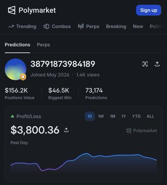 A Polymarket profile screenshot showing user '38791873984189' with $156.2K Positions Value, $46.5K Biggest Win, 73,174 Predictions, and a profit/loss graph displaying $3,800.36 for the Past Day.