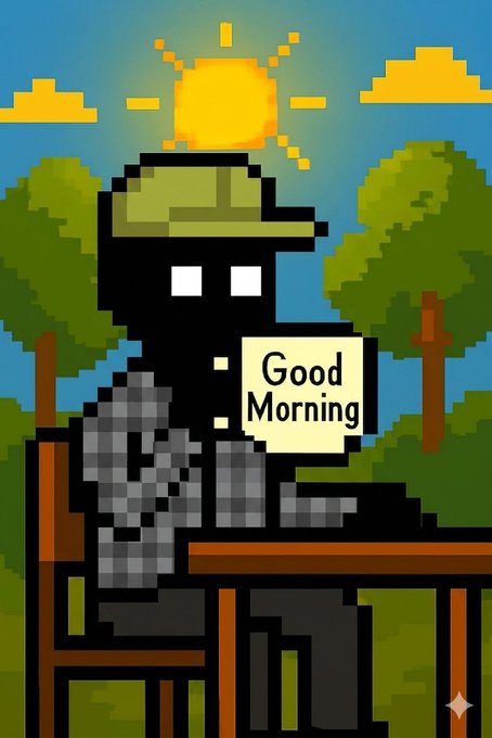 The image features a man sitting at a table with a computer, holding a sign that says "Good Morning" while he works or enjoys his coffee. The scene takes place outdoors, surrounded by trees, which adds a natural ambiance to the setting. The man's presence in this environment suggests that he is taking advantage of the pleasant weather and outdoor atmosphere for a productive start to his day.