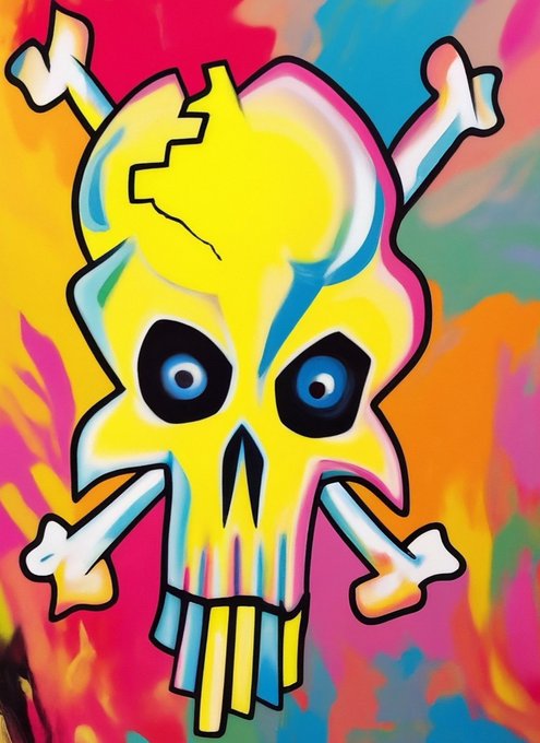 A vibrant, psychedelic illustration of a yellow skull with crossbones set against a swirling background of pink, blue, and orange flames.
