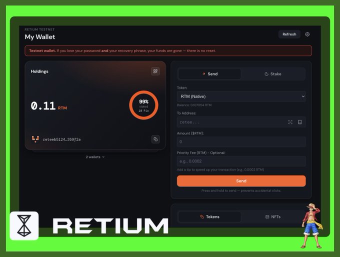 Screenshot of a 'RETURM TESTNET' wallet interface showing a balance of 0.11 RTM with Send/Stake/Tokens/NFTs options, branded with the 'RETIUM' logo and a small pirate character in the bottom right.