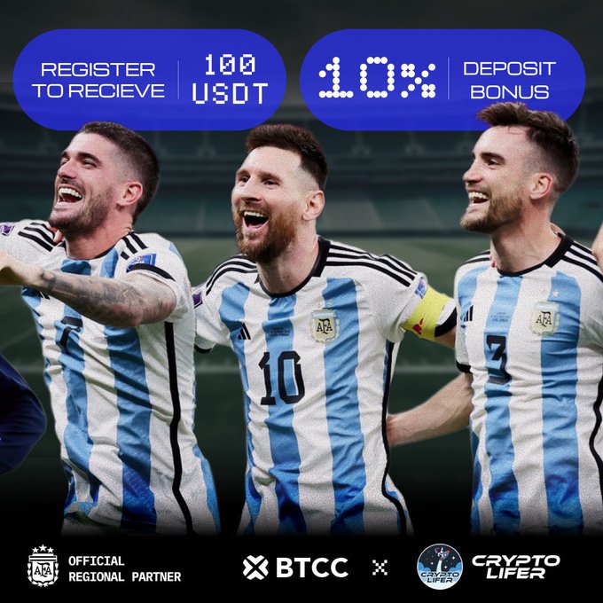 Three Argentine national team players, including Lionel Messi (#10), celebrate in their light blue and white striped jerseys on a soccer field, with banners promoting "REGISTER TO RECIEVE 100 USDT" and a "100% DEPOSIT BONUS" alongside the BTCC and AFA (Argentine Football Association) partnership logos.