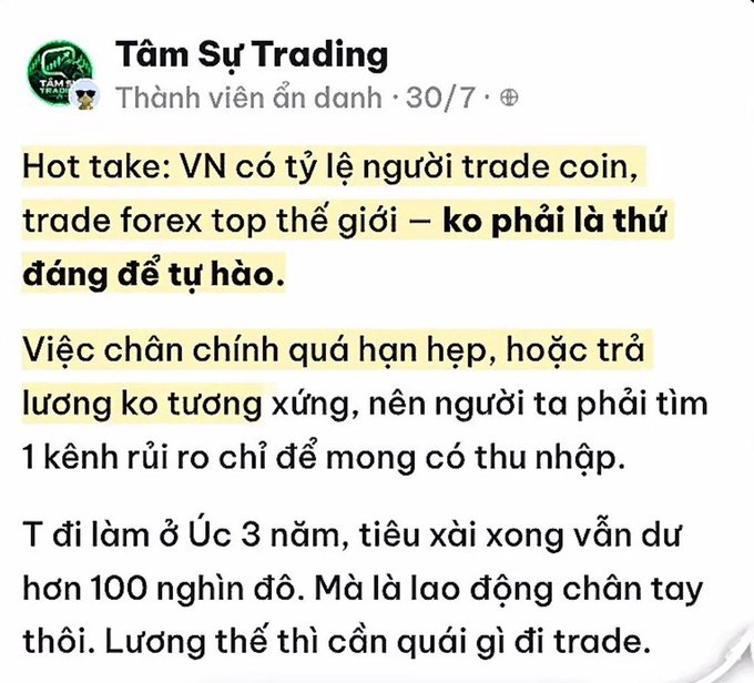 A social media post from 'Tâm Sự Trading' discussing the high rate of cryptocurrency and forex trading in Vietnam, arguing it's not something to be proud of due to low wages.