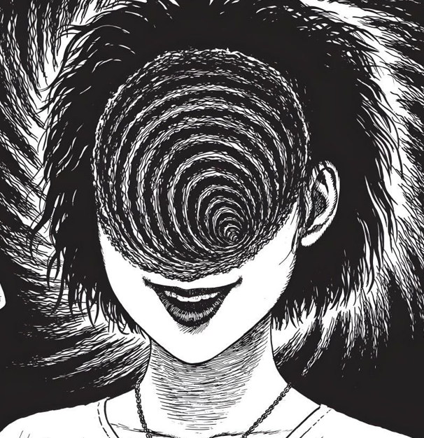 The image features a black and white illustration of a woman's face with her eyes closed, looking directly at the camera. The woman has long hair and is wearing a necklace around her neck. The background of the image is filled with swirls and patterns that seem to be spinning or moving in circles. There are also some text elements present in the image, including "HYPNO" and "Pump", which may provide additional context about the illustration's theme or the artist behind it.