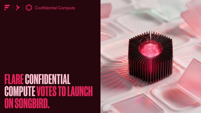 Promotional graphic for "Flare Confidential Compute" featuring a stylized pink CPU chip on a circuit board background, announcing that votes to launch on Songbird are now open via FIP.10/STP.13 governance proposals.
