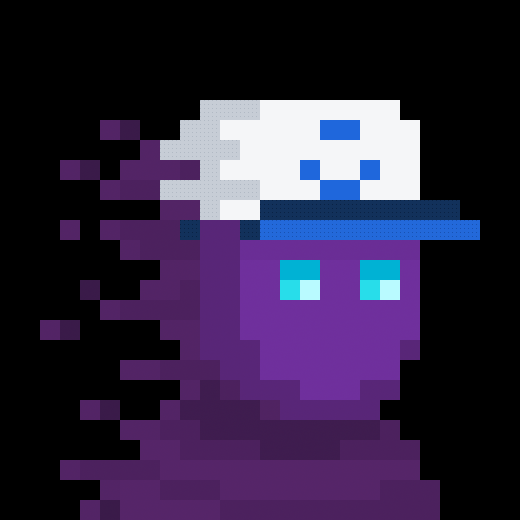 A pixel art character with a purple dissolving or glitching body and cyan eyes, wearing a white and blue visor or headset against a black background.