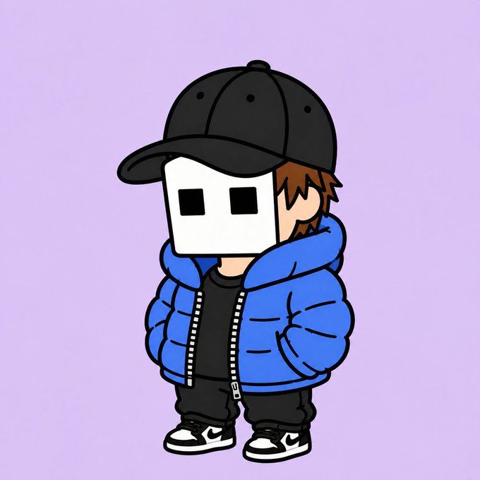 A cartoon character wearing a white box mask, black baseball cap, and blue puffer jacket stands against a lavender background. The masked figure, evoking a "GM frens" (good morning friends) crypto/social media greeting, embodies the anonymous, chill vibe often associated with the community's casual morning check-ins.