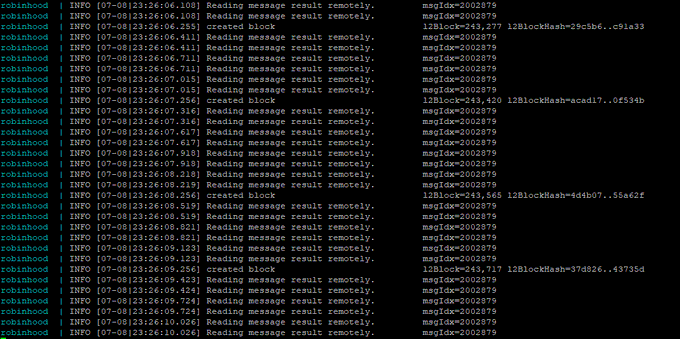 Server log output from user 'robinhood' showing repeated INFO messages about reading message results and creating blocks with various hash values, timestamped 07-08.