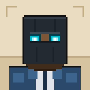A pixel art image of a Minecraft character with a black head, cyan glasses, brown beard, and blue outfit against a beige background.