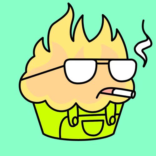 A cartoon illustration of a cupcake character with flame-shaped frosting, wearing white sunglasses, smoking a cigarette, and dressed in green overalls against a mint green background.