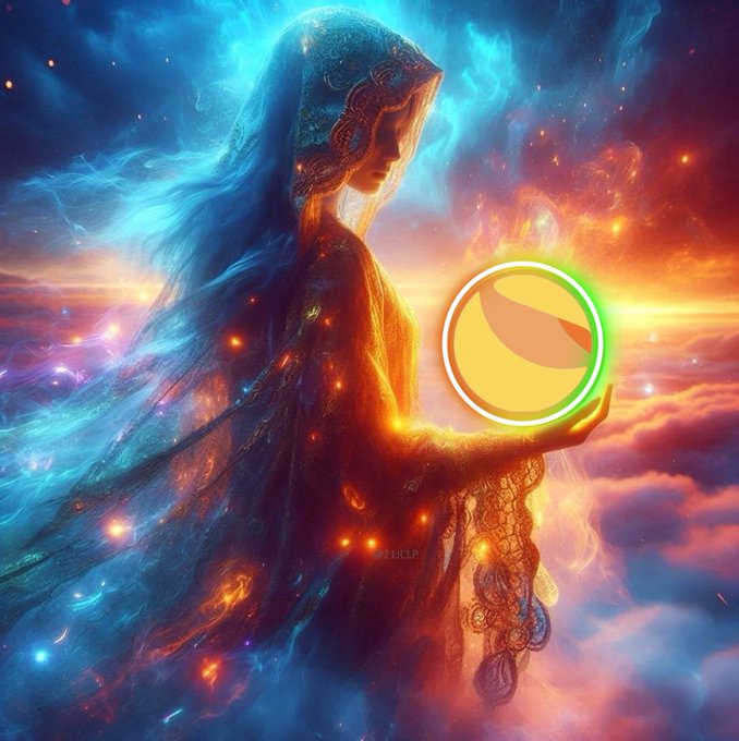 A fantasy digital artwork depicting a hooded figure in flowing robes holding a glowing orange orb against a cosmic background of swirling blue and orange clouds.