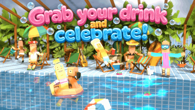 A vibrant, voxel-style graphic titled "Grab your drink and celebrate!" featuring blocky characters in swimwear lounging by a pool with palm trees and bubbles.
