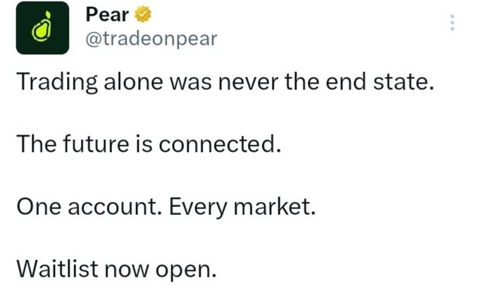The image shows a tweet from verified account @tradeonpear, reading: "Trading alone was never the end state. The future is connected. One account. Every market. Waitlist now open." This aligns with the accompanying post about Pear's free airdrop, as the tweet promotes their platform's waitlist while the post details the steps to join and earn rewards through tasks like connecting social accounts and daily check-ins on the Solana-backed platform.