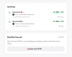 A dashboard screenshot shows the "Activity" section with two completed transactions, each awarding "+0.0001 RTM" (receiving from `0xF8d11d52ef5` and sending to `0x69e786...`), alongside a "DevNet Faucet" panel with a "Get test RTM" button. The image illustrates the user claiming testnet RTM rewards and interacting with the faucet, aligning with the post's mention of continued Retium Testnet testing and smoother platform experience.
