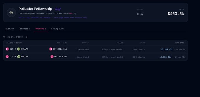 The image shows a Polkadot Fellowship treasury account page with a value of $463.5K and $1.6M in trading volume, displaying two active DCA (Dollar-Cost Averaging) orders selling DOT to buy HOLLAR—one for 2154+ DOT and another for 6896+ DOT, both open-ended and 100% filled. This directly contradicts Dr. Wood's RFC #155 stance, as the Polkadot Fellowship treasury is actively accumulating HOLLAR through automated DCA orders rather than rejecting it in favor of a DOT-collateralized stablecoin like pUSD.