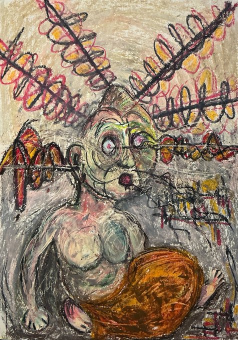 The image displays a rough, mixed-media drawing of a surreal figure with large eyes and scribbled, wing-like structures, identified by the text as "GN's" "last NFT" of the "Hopelessness collection" that is being unlisted forever.