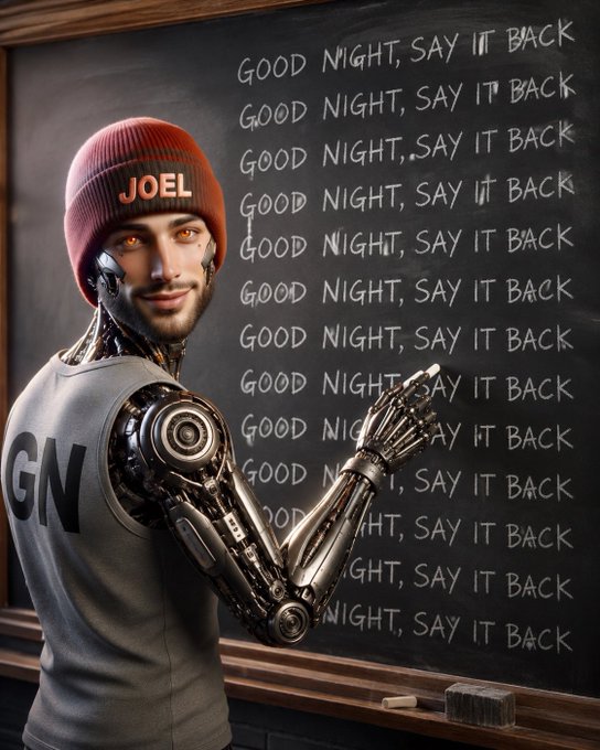 An AI-rendered image of a cybernetic humanoid with 'JOEL' on his red beanie and 'GN' on his shirt, pointing at a chalkboard repeatedly written with 'GOOD NIGHT, SAY IT BACK'.