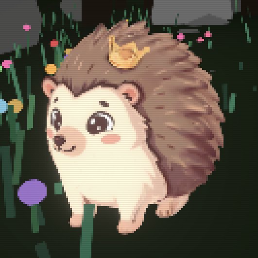 Pixel art of a cute, smiling hedgehog with a small yellow bird on its head, standing among colorful flowers and grass.