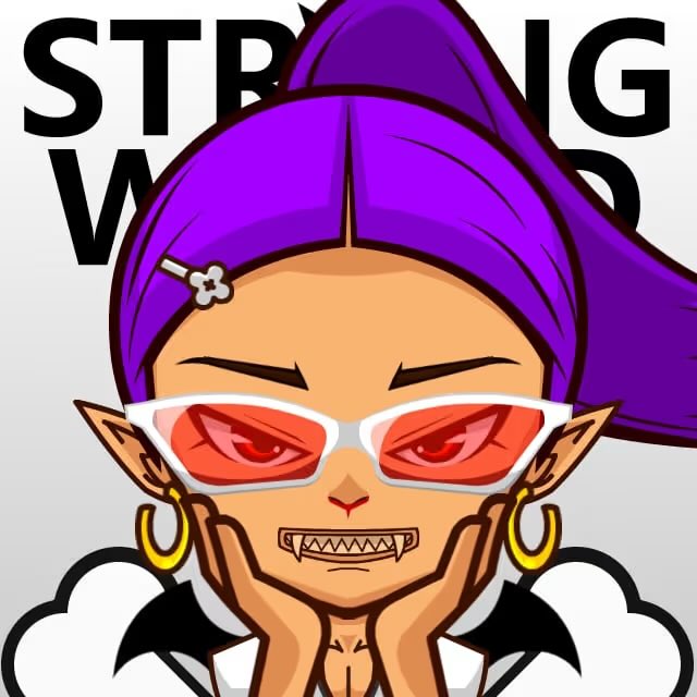 A cartoon illustration of a character with purple hair, red-tinted sunglasses, pointed ears, gold hoop earrings, and fanged teeth with the text 'STRONG W' partially visible behind them.