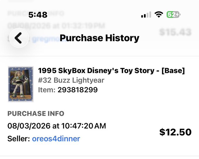 A mobile screenshot of a purchase history showing a 1995 SkyBox Disney's Toy Story #32 Buzz Lightyear card purchased for $12.50 from seller 'oreos4dinner'.