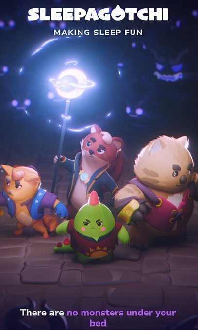 A promotional graphic for "SLEEPAGOTCHI" features the tagline "MAKING SLEEP FUN" above a group of four colorful cartoon creatures wielding a glowing staff to ward off shadowy monster figures lurking in the dark, with the caption "There are no monsters under your bed." The image ties into the post's message about Sleepagotchi's wellness tools by visualizing the app's comforting role in helping users conquer bedtime anxieties and unplug from daily stress.