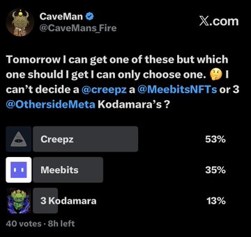 A Twitter/X poll from CaveMan (@CaveMans_Fire) asking which NFT to choose among Creepz (53%), Meebits (35%), and 3 Kodamara (13%).