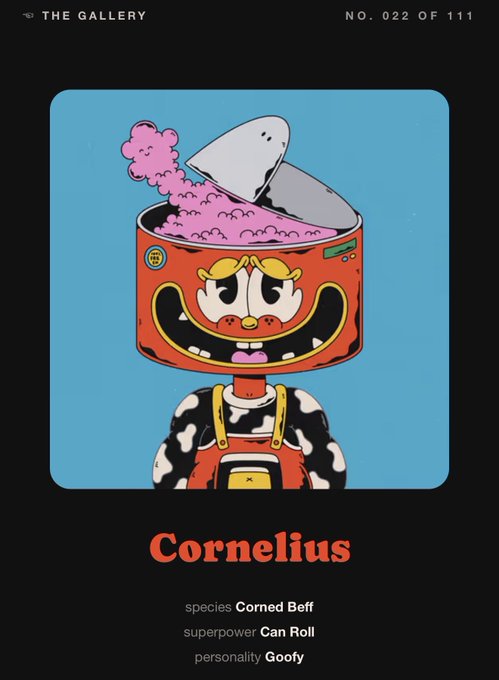 CryptoPunks-style character card #022 of 111 titled 'Cornelius,' a 'Corned Beef' species with the superpower 'Can Roll' and 'Goofy' personality.