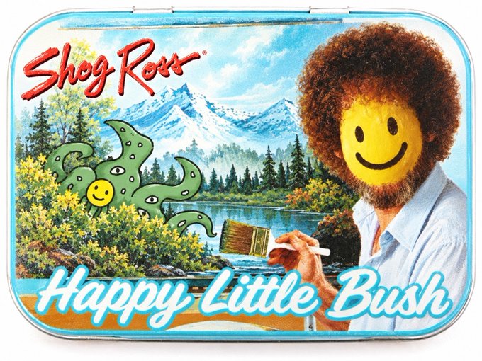 A 'Shag Ross' tin or poster displays the text 'Happy Little Bush' and features a man with an afro and a yellow smiley face painted over his face, painting a landscape.