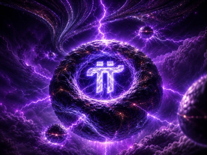 The image features a large purple circle with a blue "P" inside, surrounded by smaller circles of varying sizes. The background consists of clouds and lightning bolts, creating an intense atmosphere. The caption above the image reads "PI NETWORK: GIÁ TRỊ THẬT LÔN ĐI TRƯỚC SỰ THẤU HIểu Nhiều người vẫn chưa thực sự hiểu Pi Network là gì và vẫn đánh giá nó bằng những thước đo cũ, liên tục so sánh với các hệ thuật số truyền thống."