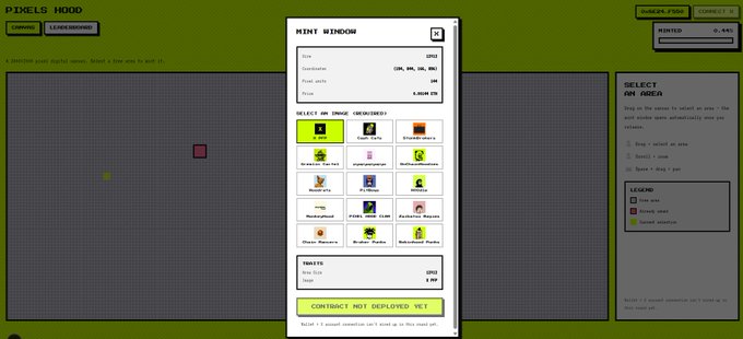 Screenshot of the game 'Pixels' showing a 'Mint Window' menu for purchasing items with Polygon pixels.