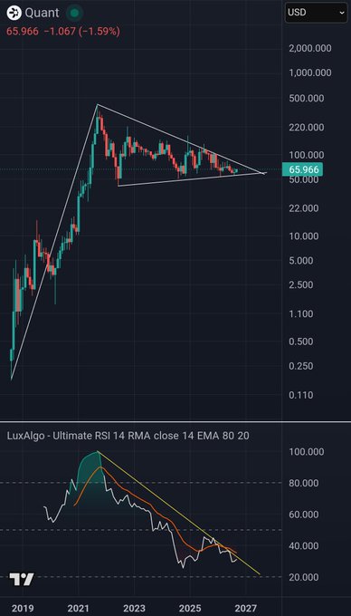 A candlestick chart shows $QNT's price consolidating within a descending triangle pattern, currently trading at $65.966 (-1.59%) as it approaches a critical apex in 2027, with the LuxAlgo RSI (14) below trending downward toward oversold territory. The chart illustrates the "brutal hold" referenced in the post, as the descending triangle suggests a major breakout—and potential significant gains—may be near.