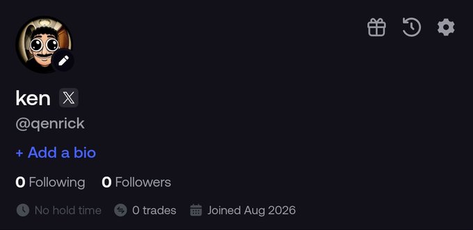 A social media profile screenshot showing user "ken" with handle "@qenrick", displaying 0 following and 0 followers, joined Aug 2026, with 0 trades.