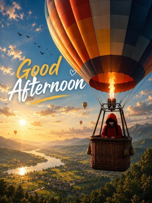 A 'Good Afternoon' greeting image featuring a person in a red hoodie riding in a hot air balloon basket over a scenic landscape with a river, mountains, and sunset.
