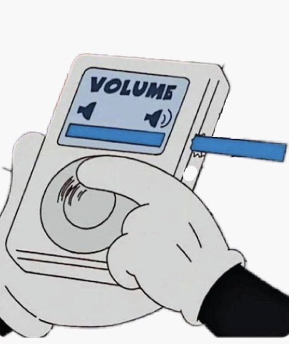 A cartoon image of a white-gloved hand (resembling Mickey Mouse) holding a gray volume control device with a blue level bar, while a blue object is inserted into the side of the device.