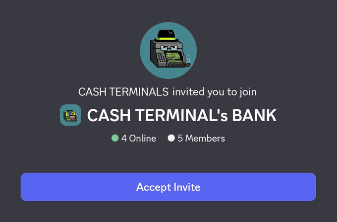 A Discord invite notification for "CASH TERMINAL's BANK" with 4 online users and 5 members, paired with a teaser about "Minting in 3 hours" — suggesting this is a private group for early access or insider info ahead of an upcoming mint.