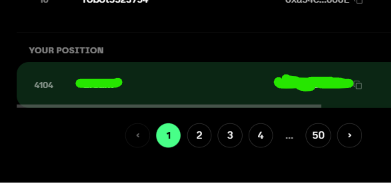 A user interface showing a 'YOUR POSITION' ranking with the number '4104' on a progress bar, along with pagination buttons numbered 1 to 50.