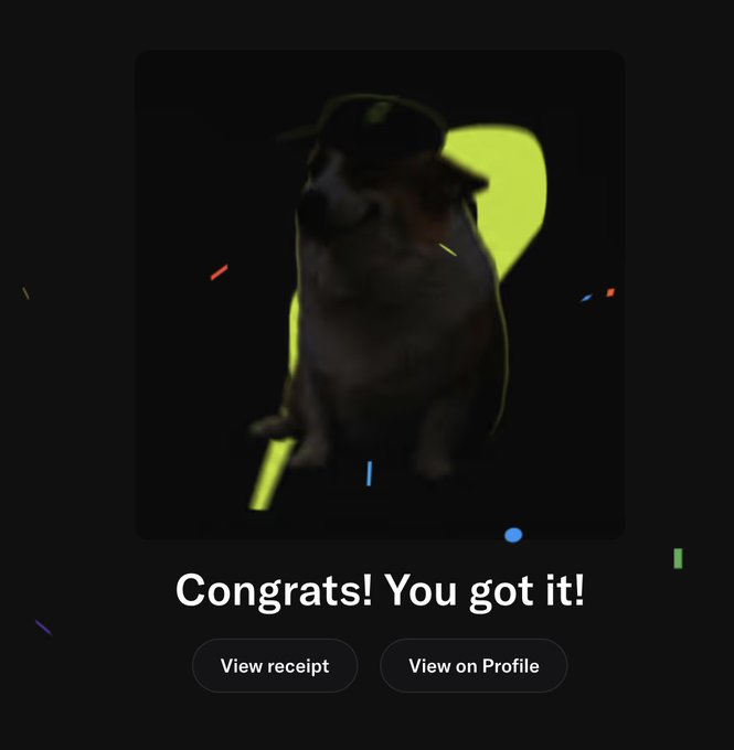 A dark app screen celebrating a purchase with the text 'Congrats! You got it!' above a small video/image of a dog in a yellow chair, featuring buttons to 'View receipt' and 'View on Profile'.