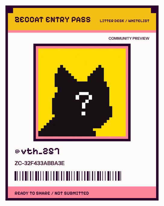 A pixelated 'ZEDOGAT ENTRY PASS' entry pass card for 'LITTER DESK / WHITELIST' featuring a yellow background with a black silhouette of a dog/cat with a question mark, tagged '@vth_881'.