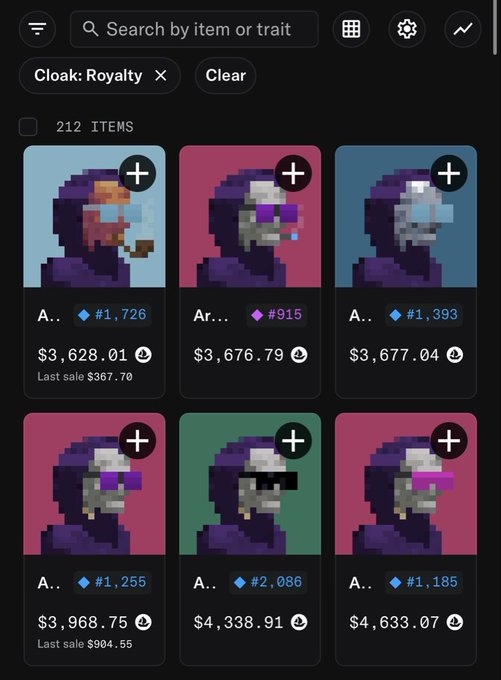 A dark-mode NFT marketplace interface filtered to "Cloak: Royalty" traits, displaying 212 pixel-art avatars in hooded purple cloaks. Each listing shows rarity ranks (#1,726, #915, #1,393, etc.) with prices ranging from $3,628.01 to $4,633.07, supporting the post's claim of a floor price around 3.6k USD across roughly 200 available items.