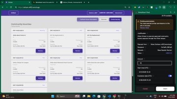 The image shows a computer screen displaying an online community bounty board called Artisan. The bounty board has multiple tabs open, including one tab with a payment required protocol (x402), another tab for advanced permissions (ERC-7715), and a third tab for delegated transactions (ERC-7710). The post also mentions the use of Metamask ERC-7715 to ensure secure transactions on the base Sepolia network.
