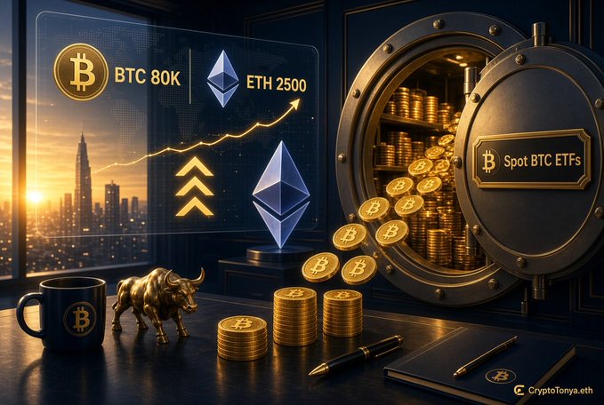 Crypto-themed illustration showing a vault of Bitcoin coins with a display reading 'BTC 80K' and 'ETH 2500', alongside a 'Spot BTC ETFs' plaque.