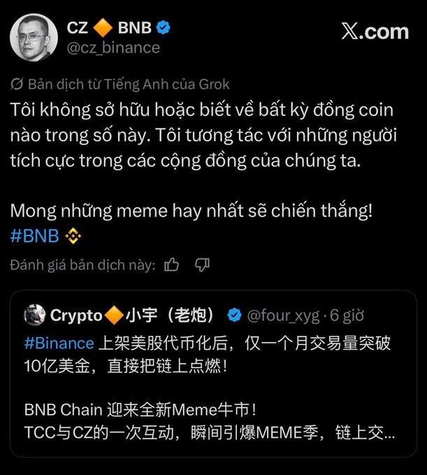 A translated Vietnamese tweet from CZ (cz_binance) about not owning meme coins and hoping the best memes win, quoting a post about BNB Chain's meme season with $1B trading volume.