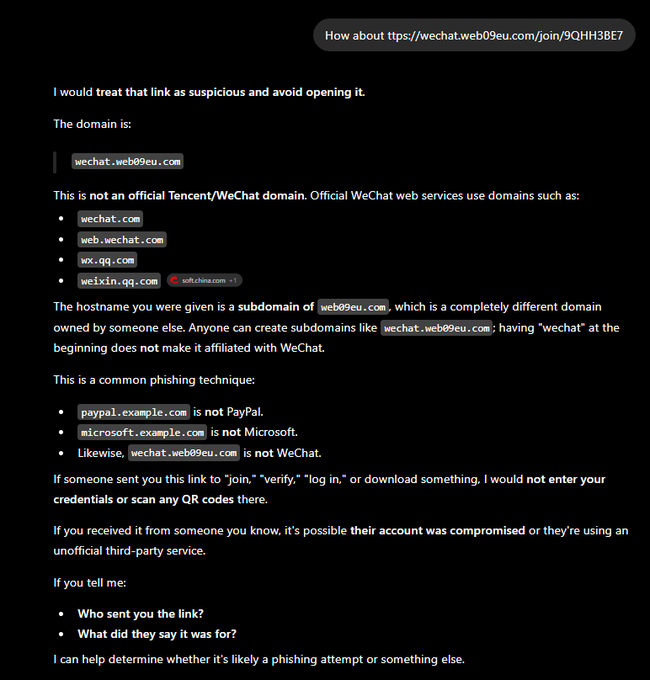 A chatbot conversation warning the user about a suspicious link (https://wechat.web09eu.com/join/9QHH3BE7), explaining that 'wechat.web09eu.com' is not an official Tencent/WeChat domain and is likely a phishing attempt.