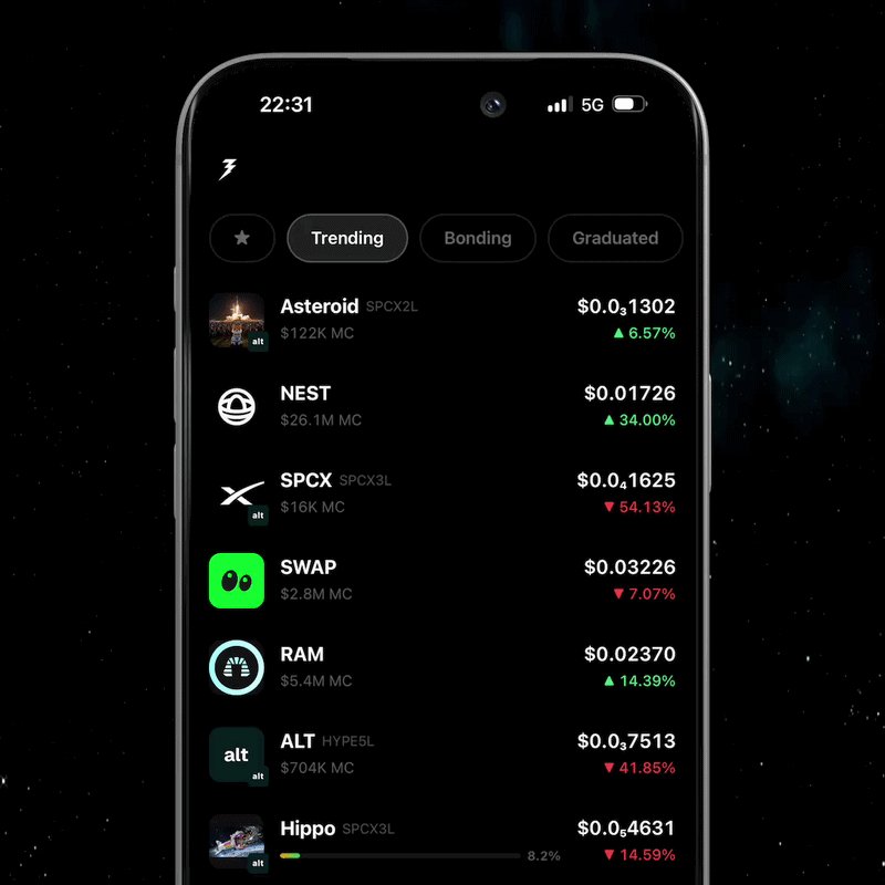 The image shows a phone displaying various cryptocurrency market data including Bitcoin, Altcoin, and Ripple. The text displayed on the screen indicates that the trending system is using the hashrate of these cryptocurrencies as an indicator for analysis. This system suggests potential trends or patterns in the prices based on historical data. The app also offers a list of token names, such as @altdotfun and @rpkcalc, possibly related to the trading and management of cryptocurrencies.