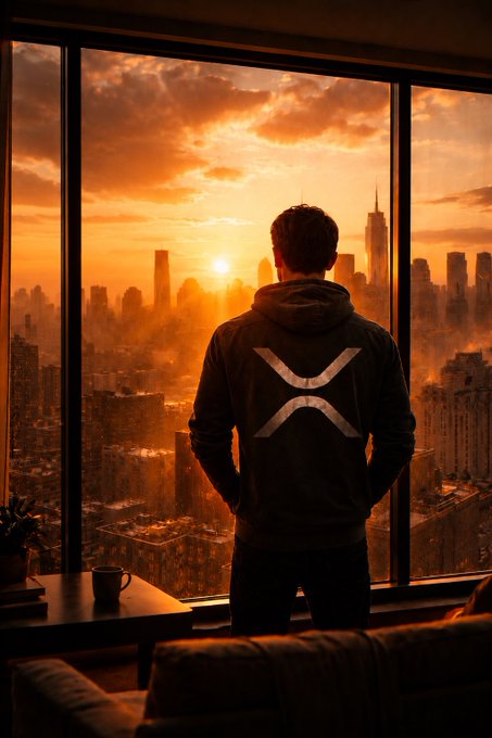 A figure wearing a hoodie featuring the XRP logo stands silhouetted against a glowing sunrise over a city skyline, gazing out a large window. The image evokes optimism and new beginnings, visually reinforcing the post's encouraging Monday message and bullish outlook for XRP and the crypto market.