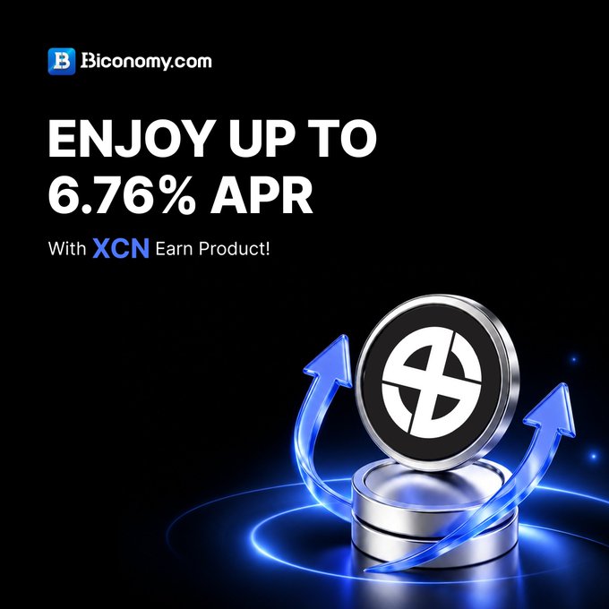 A Biconomy.com promotional graphic advertising up to 6.76% APR with the XCN Earn Product, featuring a silver coin logo with blue arrows.