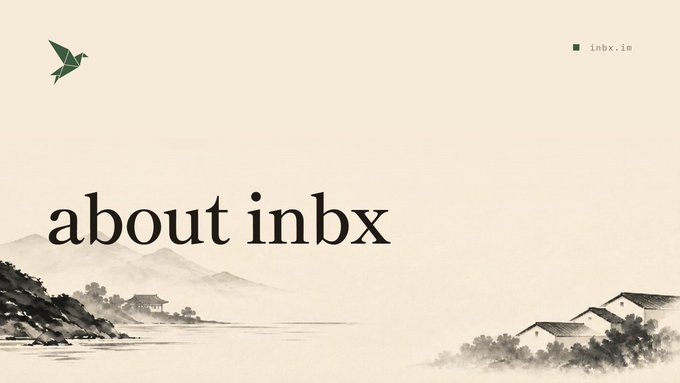 A minimalist webpage header for 'about inbx' with a green origami bird logo in the top left and 'inbx.in' in the top right, set against a faint background illustration of a traditional East Asian landscape with mountains, a pagoda, and houses.